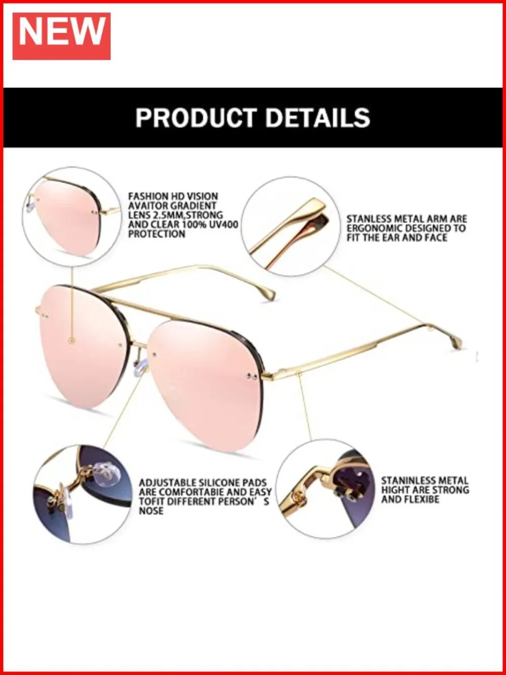 Retro Rimless Aviator Sunglasses Oversized Gradient Mirrored Lens UV Protection